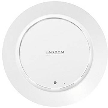 Round, white WLAN access point with 'LANCOM Systems' logo in the centre. Device for wireless network connectivity.