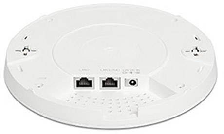 White, round ceiling Wi-Fi unit with two Ethernet ports and a power socket.
