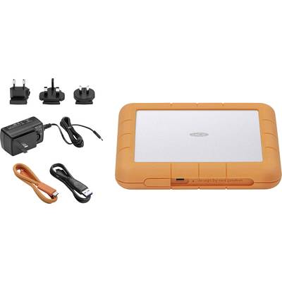 External orange hard drive with robust casing, alongside adapter attachments, power supply and USB cable. Ideal for data storage.