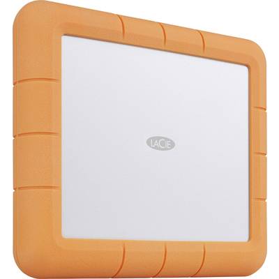 An external LaCie hard drive with an orange rubber protective frame and silver surface, suitable for robust use.