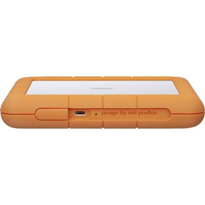 An orange, robust hard drive with a USB-C port, with 'design by neil poulton' written on it.