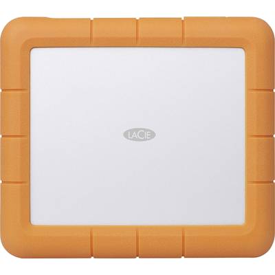 External hard drive by LaCie with an orange protective frame and silver surface.