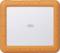 External hard drive by LaCie with an orange protective frame and silver surface.
