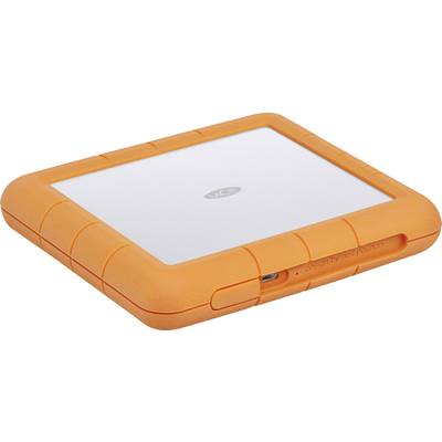 A portable, orange-clad external hard drive from LaCie with a robust design.