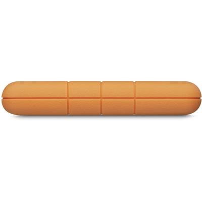 External hard drive with an orange, shock-resistant casing.