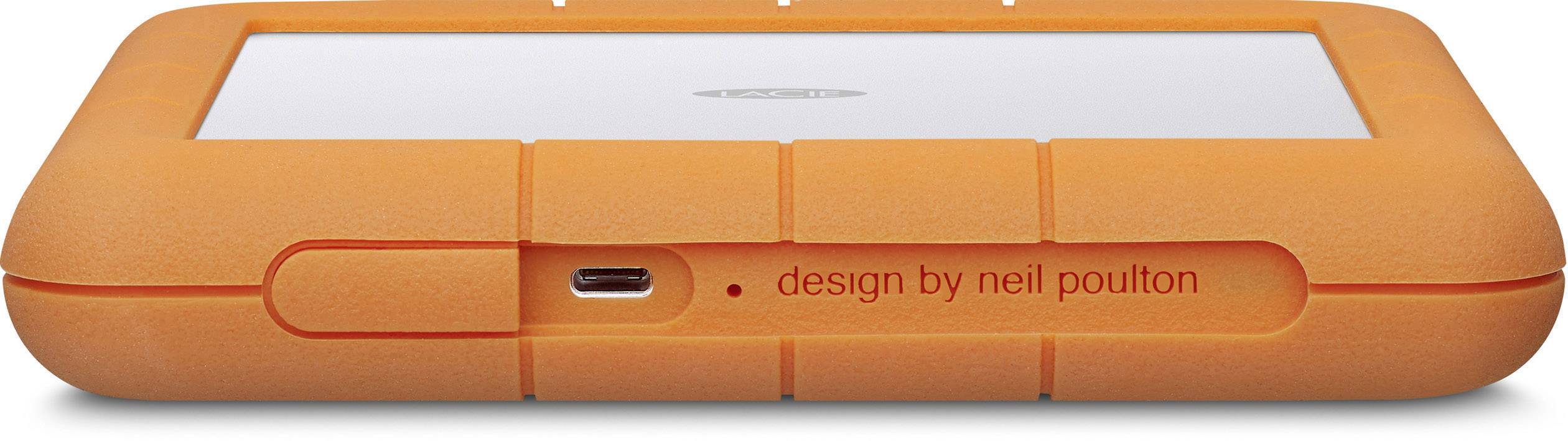 An orange external hard drive enclosure with a USB connection, designed by Neil Poulton, provides shock-resistant protection for data.