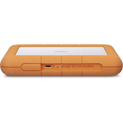 An orange external hard drive enclosure with a USB connection, designed by Neil Poulton, provides shock-resistant protection for data.