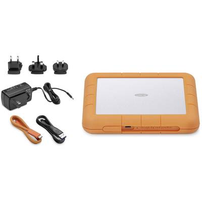 External hard drive with an orange protective case, USB cable, power supply with international plug adapters.