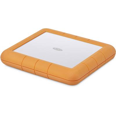 External hard drive with a robust orange rubber frame and grey label in the centre.