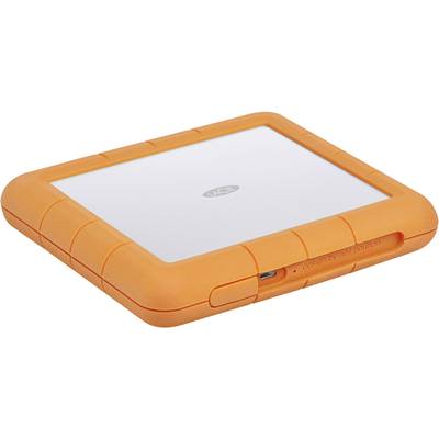 External hard drive with an orange, shock-resistant casing and silver top surface. Brand logo in the centre of the casing.