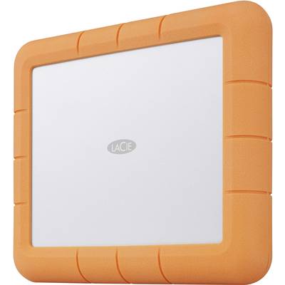 External hard drive with an orange rubber edge and silver surface, brand logo in the centre.