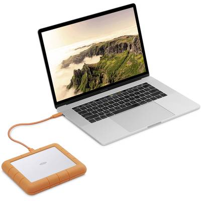A laptop with an open landscape view on the screen is connected to an external hard drive with an orange frame.