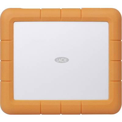 A portable, external hard drive by LaCie with an orange rubber casing for increased shock resistance.