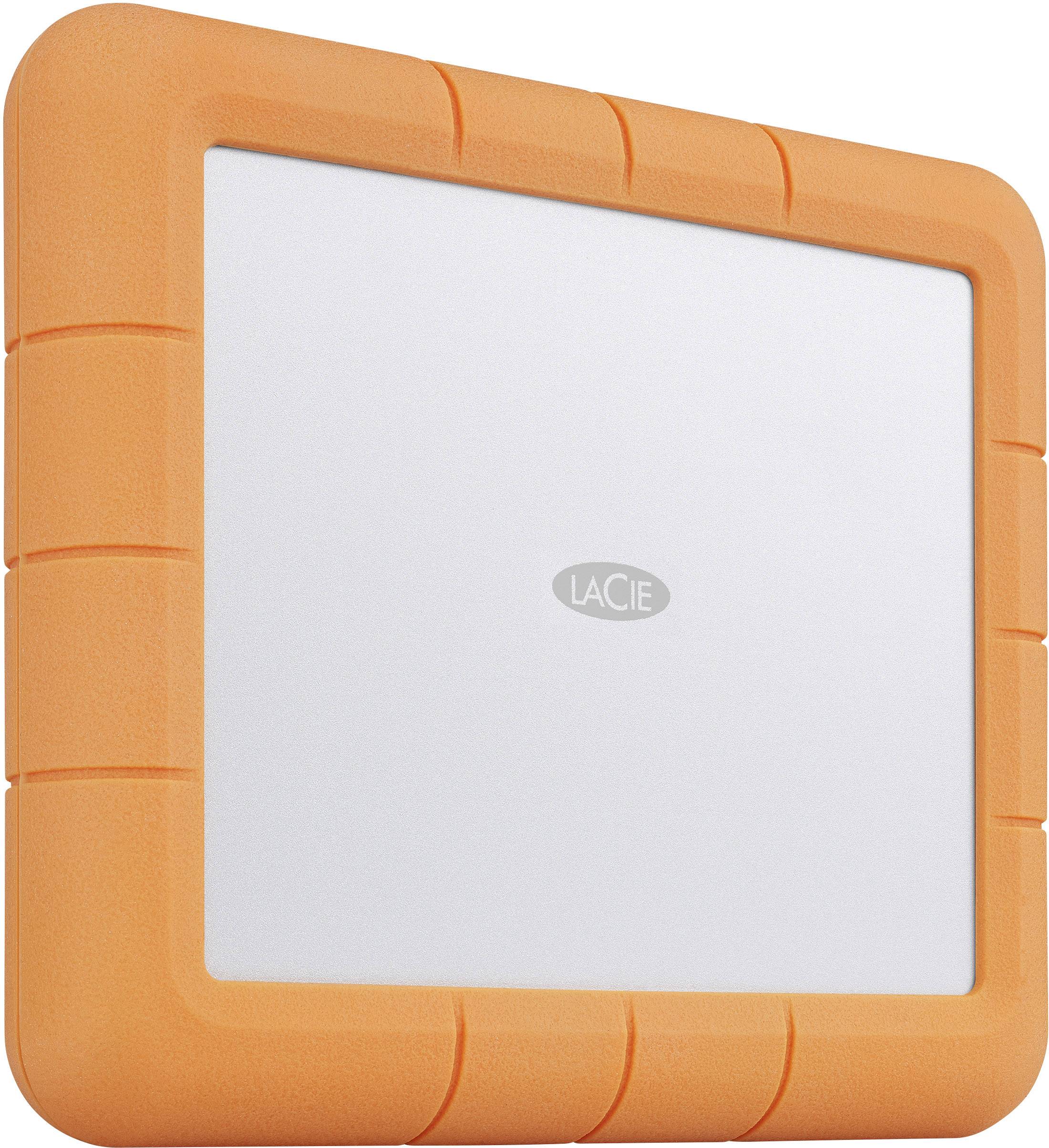 External hard drive with an orange rubber protective case, silver casing, and the 'LaCie' logo in the centre.