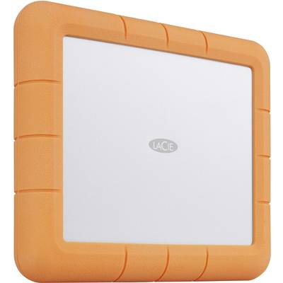 External hard drive with an orange rubber protective case, silver casing, and the 'LaCie' logo in the centre.