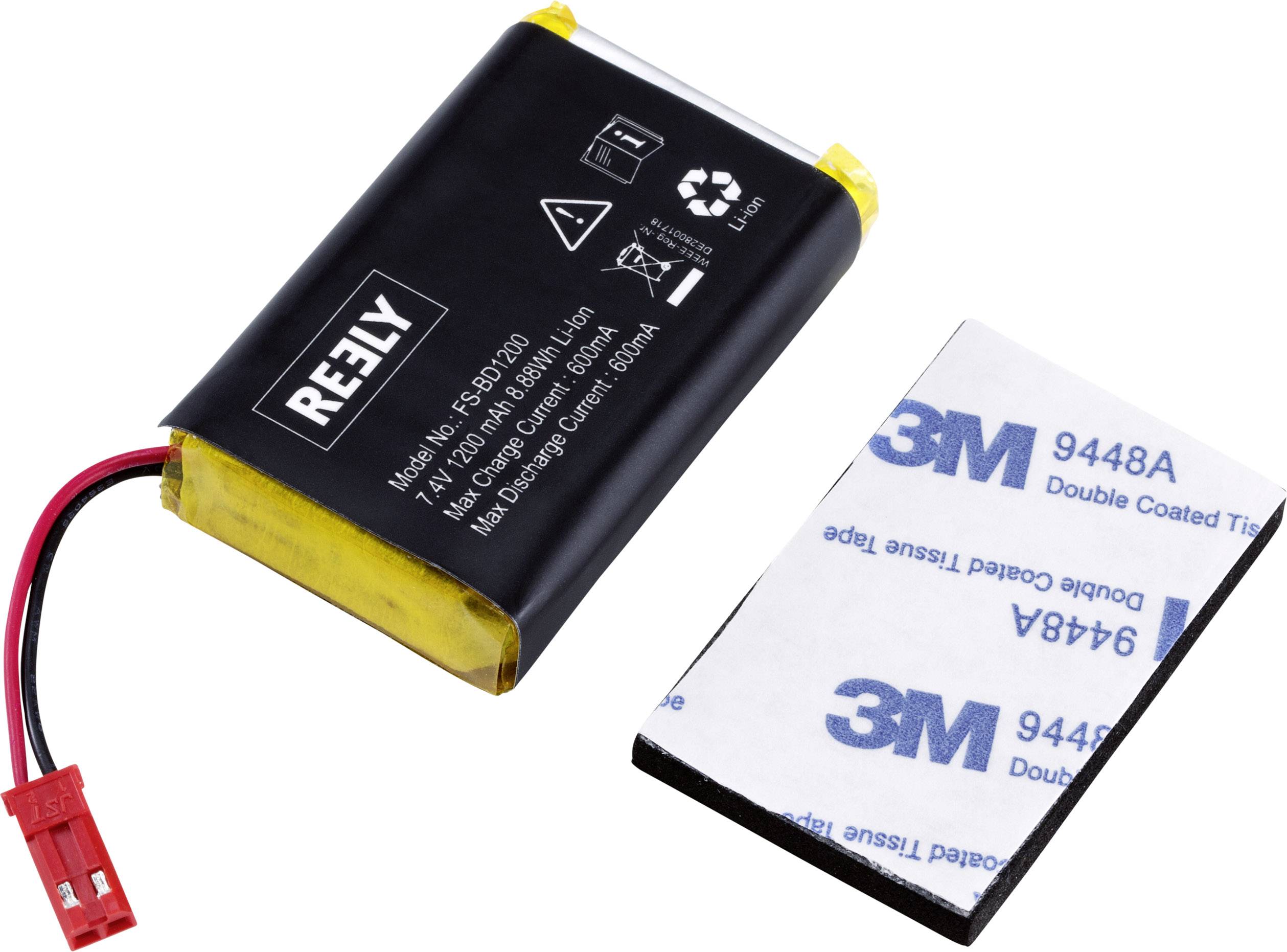 Black lithium-ion battery with red connection plug and adjacent 3M adhesive pad, suitable for RC vehicles.