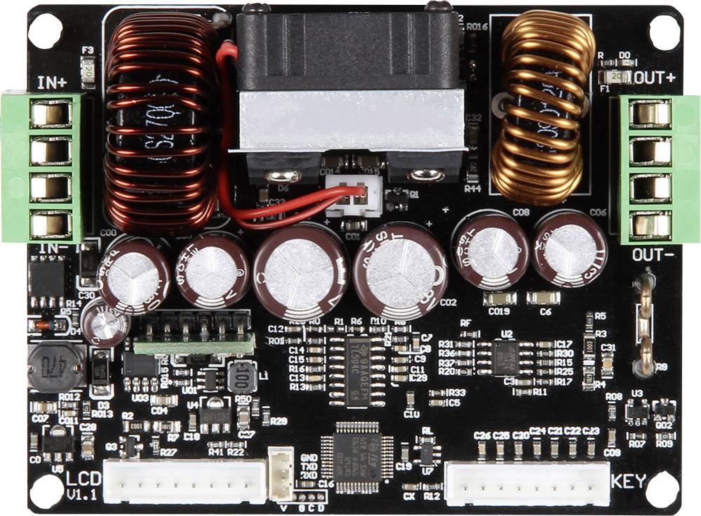 Electronic circuit board with multiple capacitors, inductors, and terminal blocks for inputs and outputs, used for voltage amplification.