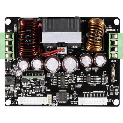 Electronic circuit board with multiple capacitors, inductors, and terminal blocks for inputs and outputs, used for voltage amplification.