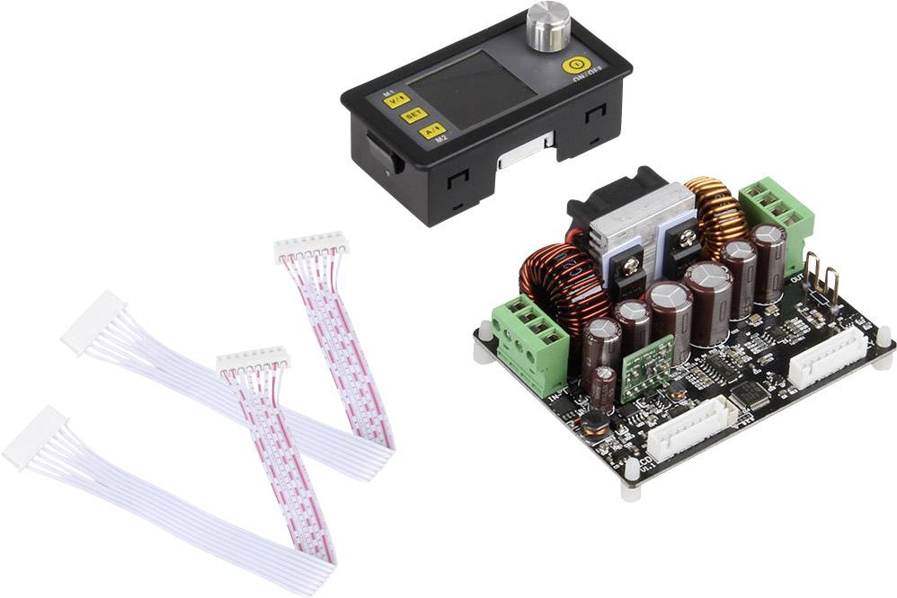 An electronic circuit board with capacitors and connectors is shown next to a control panel and three connecting cables.