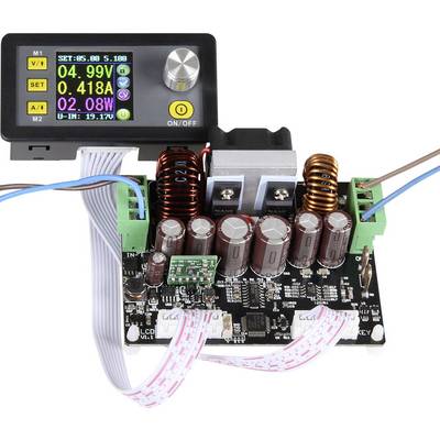 'Electronic circuit with display and controller. Shows voltage, current, and power. Connections are visible.'