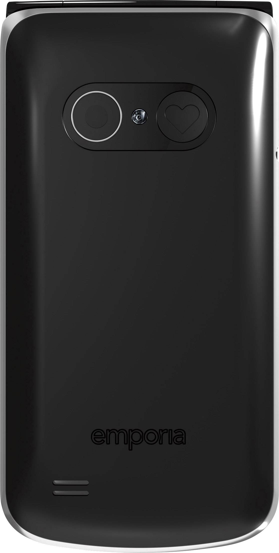 Black flip phone by Emporia with a large camera and heart symbol on the back.