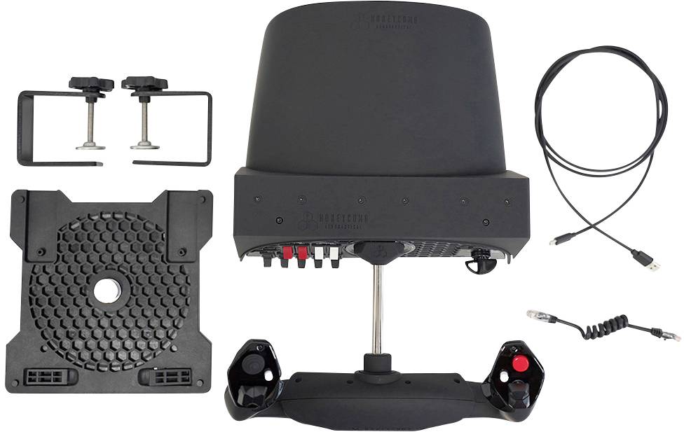 A fishfinder kit with display, cables, mounting brackets and controls for use on a boat.