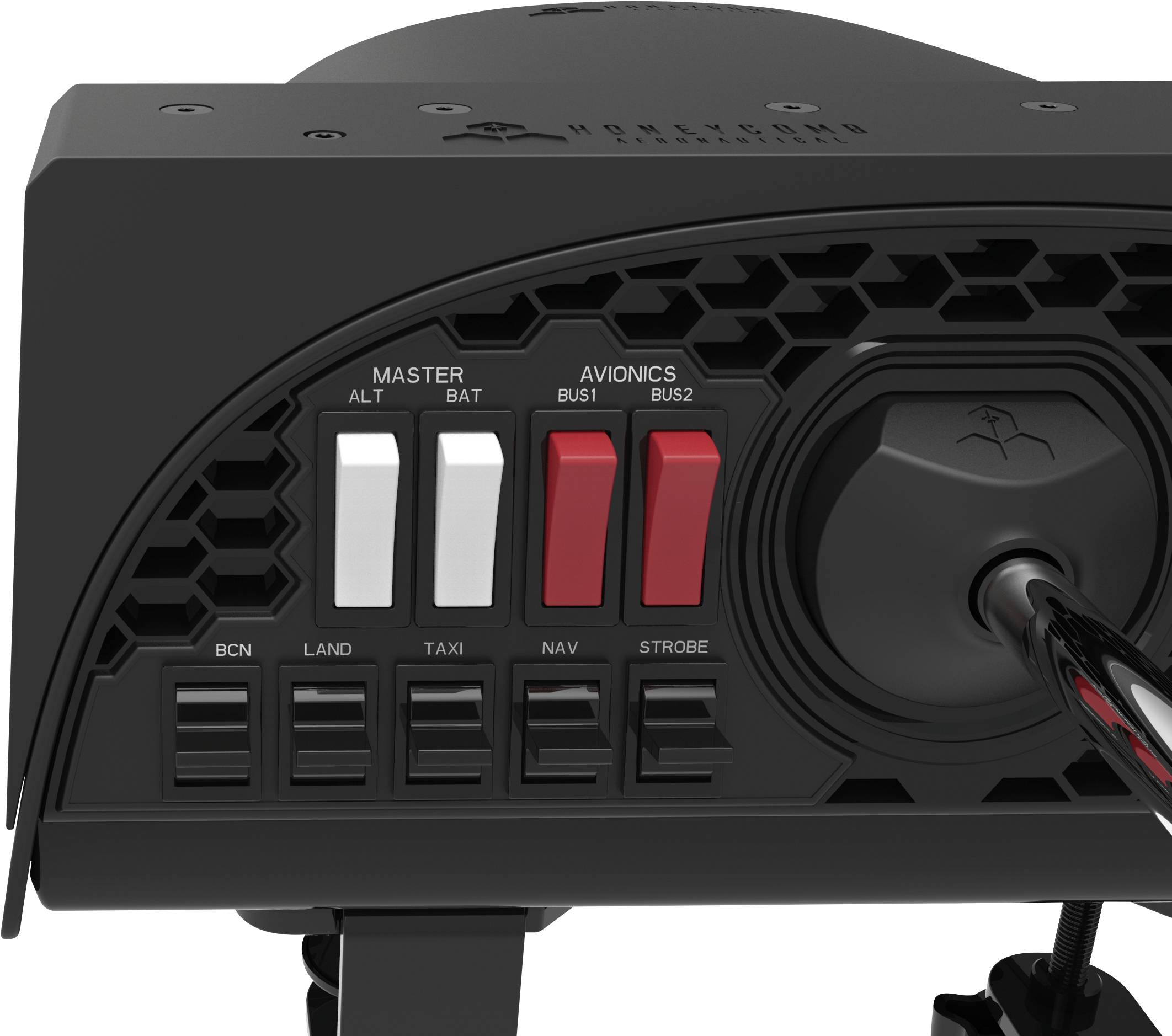 Black control panel with toggle switches for master and avionics control, labelled with 'Alt', 'Bat', 'Bus1', 'Bus2', and illuminated indicators.