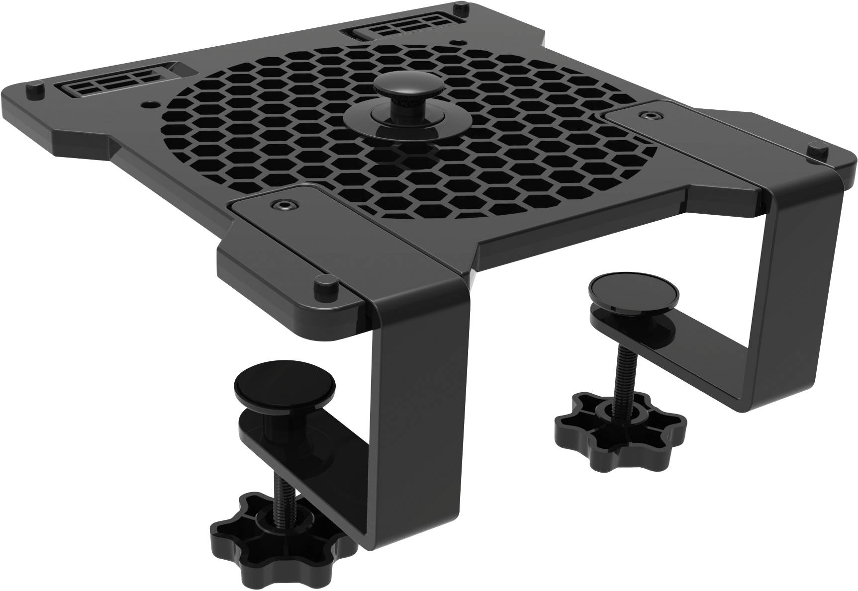 Laptop cooler made of black plastic with a honeycomb-style ventilation grid, featuring two adjustable clamps for securing to a desk.