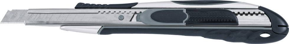Silver box cutter with a black handle and retractable blade on a white background.