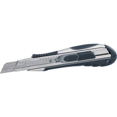A grey craft knife with a retractable blade mechanism and ergonomic handle. Ideal for precise cutting tasks.