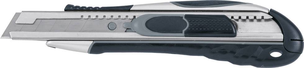 A black and silver utility knife with a retractable blade, suitable for cutting paper or cardboard.