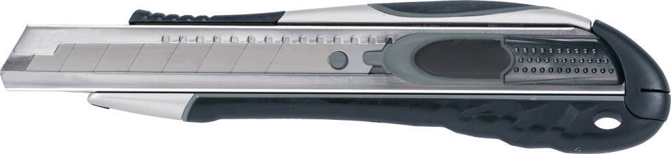 A metal cutter with a black plastic handle, shown from the side view. The blade is retractable and has snap-off segments.