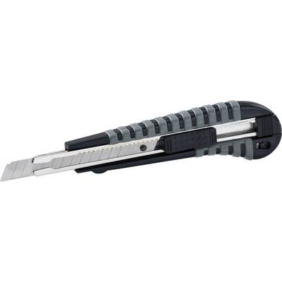 Grey and black carpet knife with extended blade.