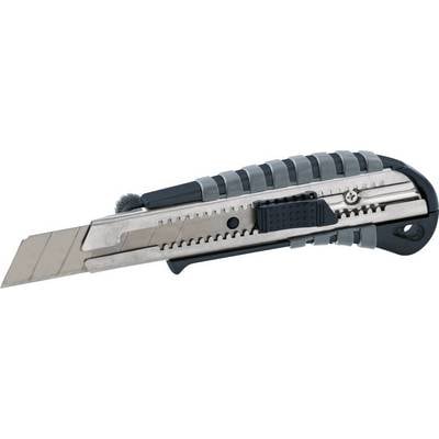 A retractable utility knife with a metal blade and a ribbed plastic handle. Ideal for precise cutting and versatile applications.