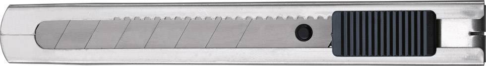 A silver carpet knife with a black slider lies on a white background.