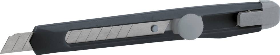 A black carpet knife with an extended blade and silver slider for adjusting the blade length.