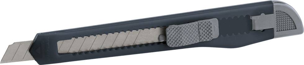 Grey utility knife with retractable blade and serrated handle for improved grip.