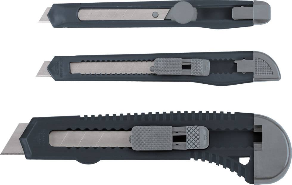 'Three grey universal knives with retractable blades in different sizes. Each knife has a blade locking mechanism.'