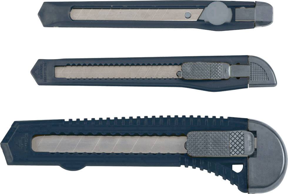 Three black universal knives in various sizes with retractable blades. They are displayed on a light surface.