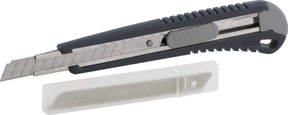 A Stanley knife with a retractable blade and grey handle lies beside a clear plastic box containing spare blades.