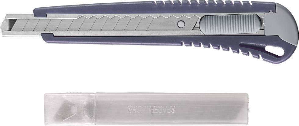 Utility knife with retractable blade, grey handle. Underneath is a transparent box containing spare blades.