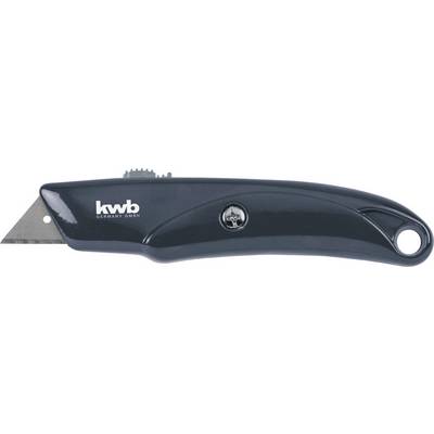 Black and navy blue carpet knife with a retractable, triangular blade and the logo 'kwb GERMANY GMBH' on the side.