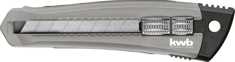 Grey-black universal knife with retractable blade and ridged handle, operable from the side, branded with 'kwb Germany'.
