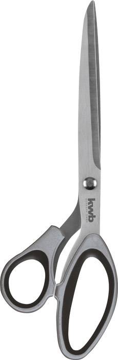 A silver pair of scissors with a black handle, opened against a white background.