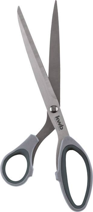 Silver-coloured scissors with dark grey plastic handles. They are open, revealing the sharp blades.