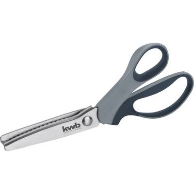Scissors with a grey handle and serrated blade, suitable for zigzag cutting in fabric or paper. 'kwb' label on the blade.