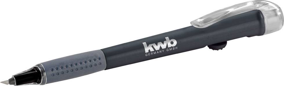 A dark blue ballpoint pen with a grey grip area and a clear cap, bearing the text 'kwb Germany GmbH'.