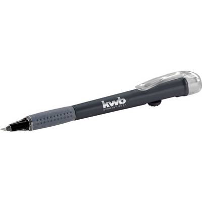 A dark blue ballpoint pen with a grey grip area and a clear cap, bearing the text 'kwb Germany GmbH'.