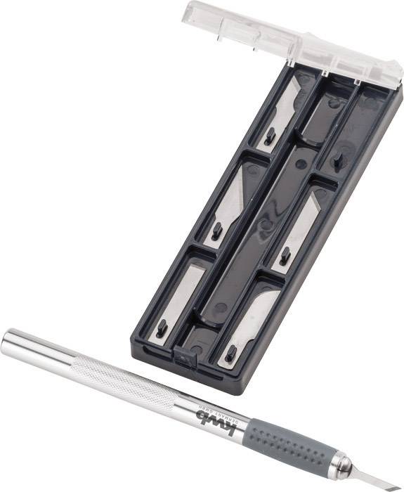 'Art knife with steel handle and replacement blades in a black plastic box.'