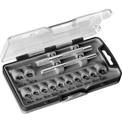 A screwdriver set in an open plastic case with various bits and two metal handles, ready for use.